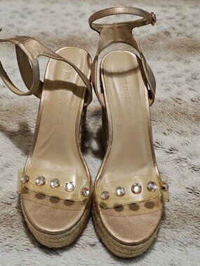 Wild Diva Metallic Gold and Clear Wedge Sandals 8.5